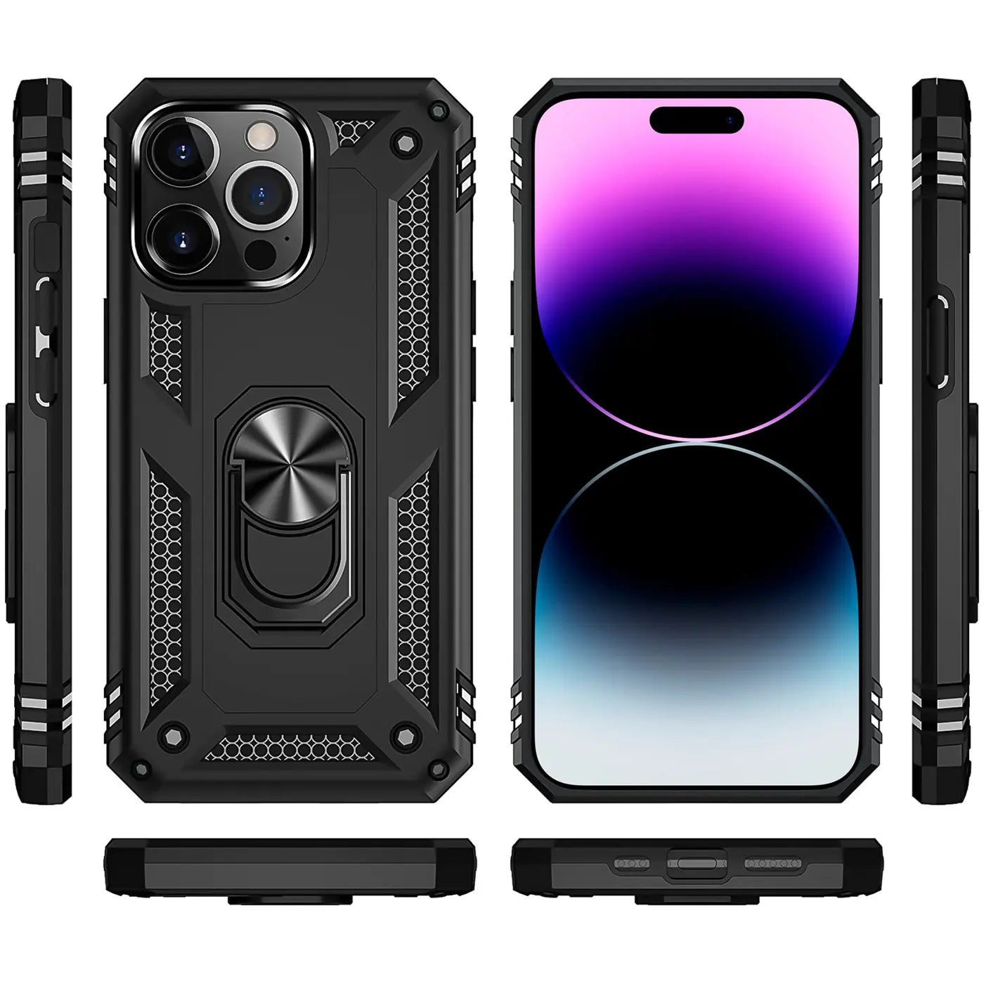 Schwarze Hülle aus Kunststoff mit Ringhalter für iPhone 14 Pro Max, verschiedene Ansichten