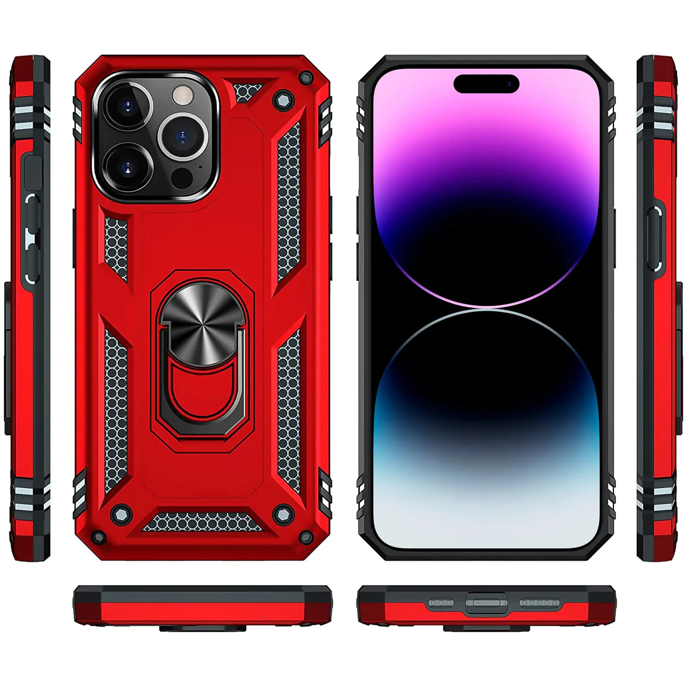 Rote Hülle mit Ringhalter für iPhone 14 Pro, von vorne, Seite und unten gezeigt.