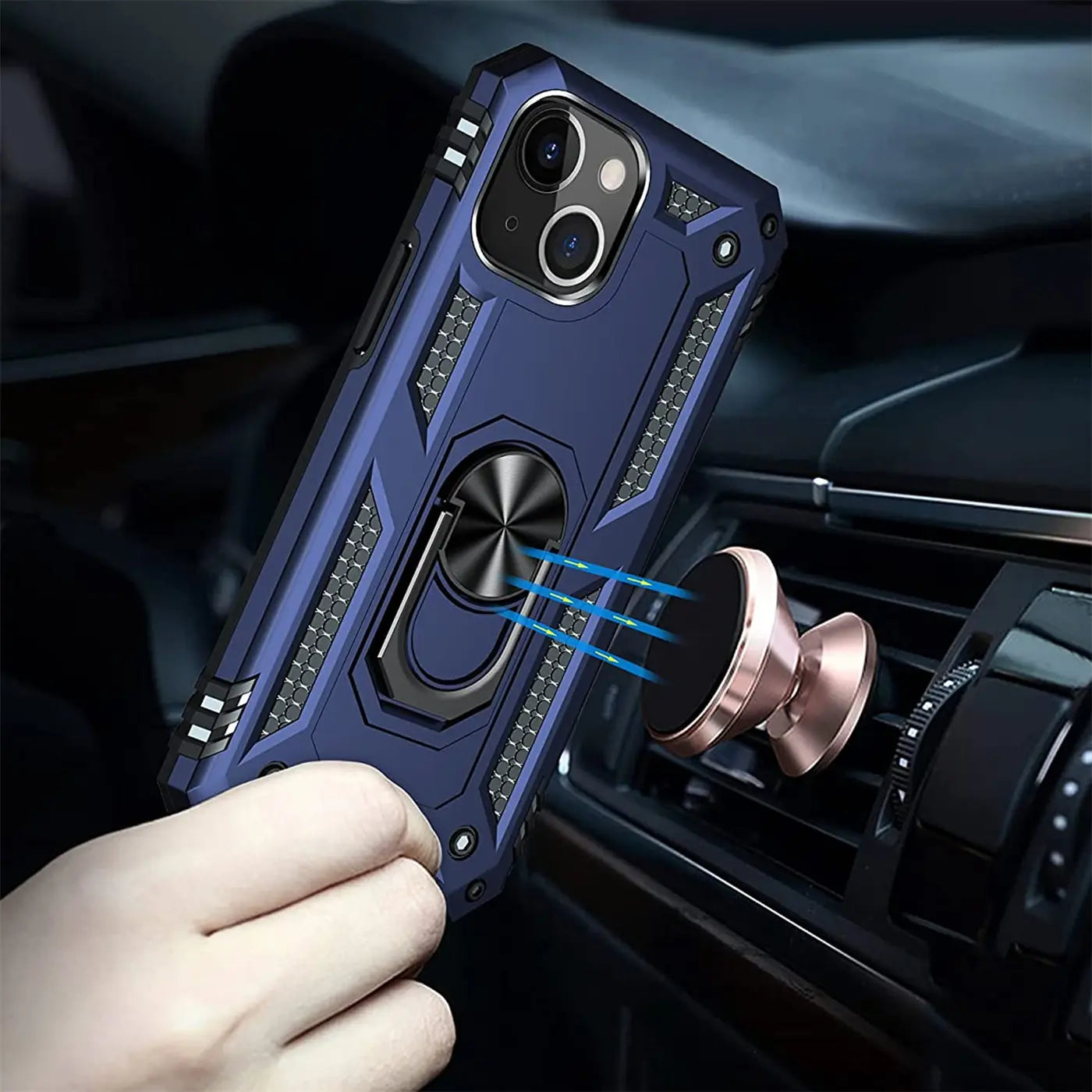 Dunkelblaue Hülle mit Ringhalter für iPhone 15, Nahaufnahme, von vorne