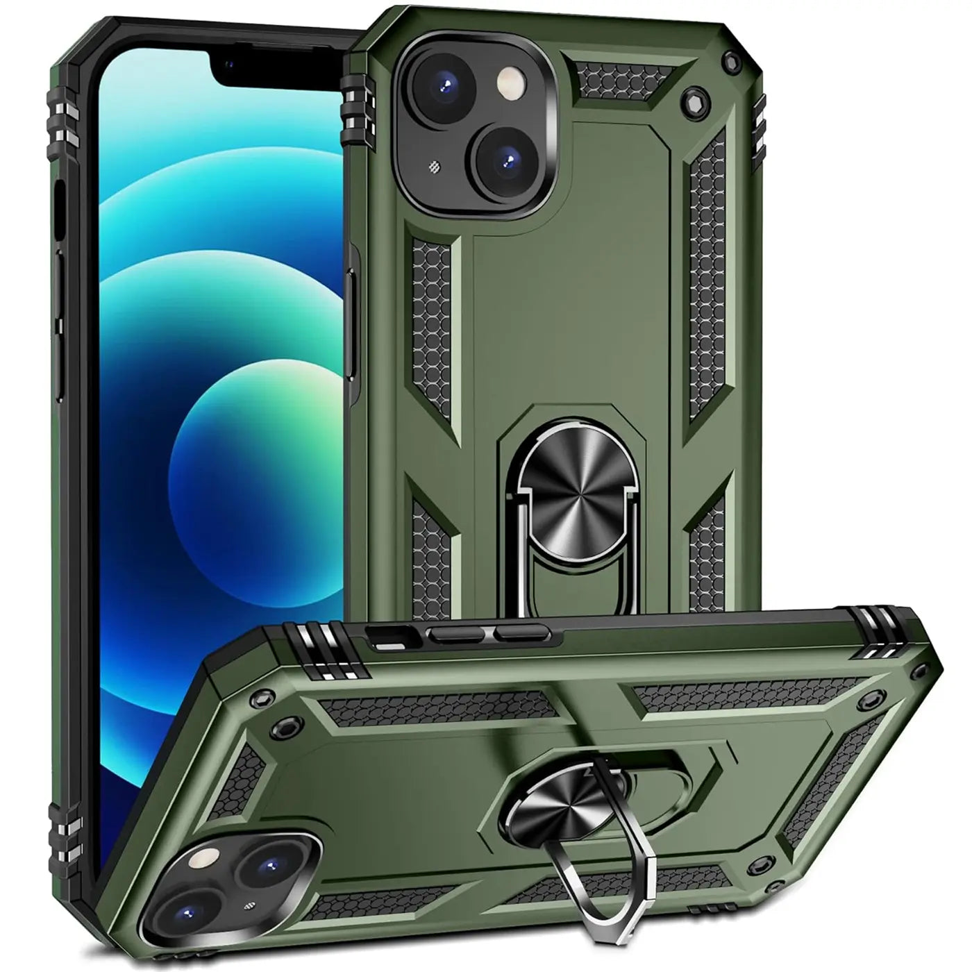 Grüne Hülle mit Ringhalter für iPhone 15, aus Kunststoff, von vorne und schräg.