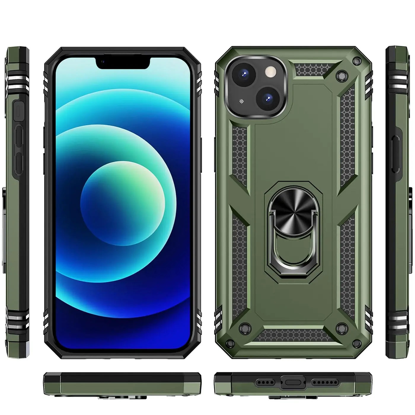 Grüne Hülle mit Ringhalter für iPhone 15, aus Kunststoff, verschiedene Ansichten.