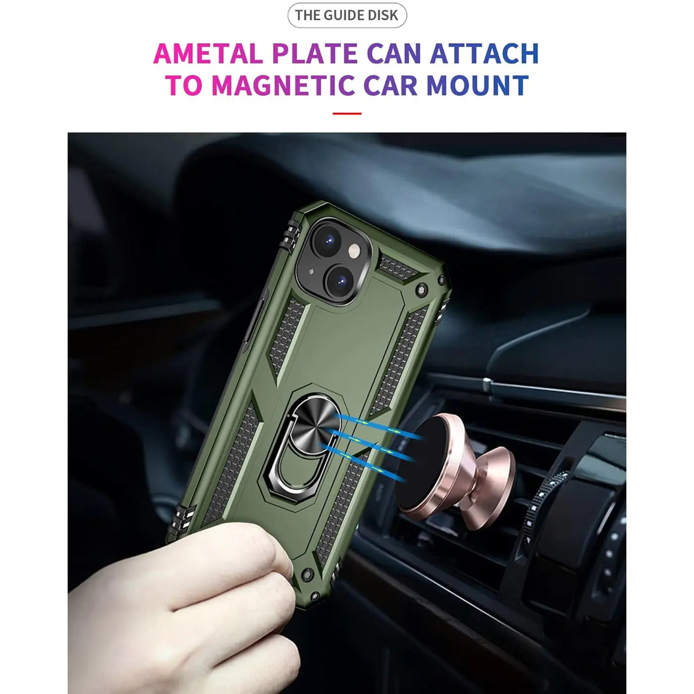 Grüne iPhone 15 Hülle mit Ringhalter, Metallplatte, Nahaufnahme.