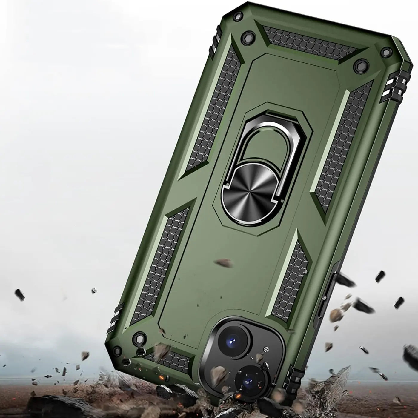 Grüne Hülle mit Ringhalter für iPhone 15, von schräg oben, robustes Material.
