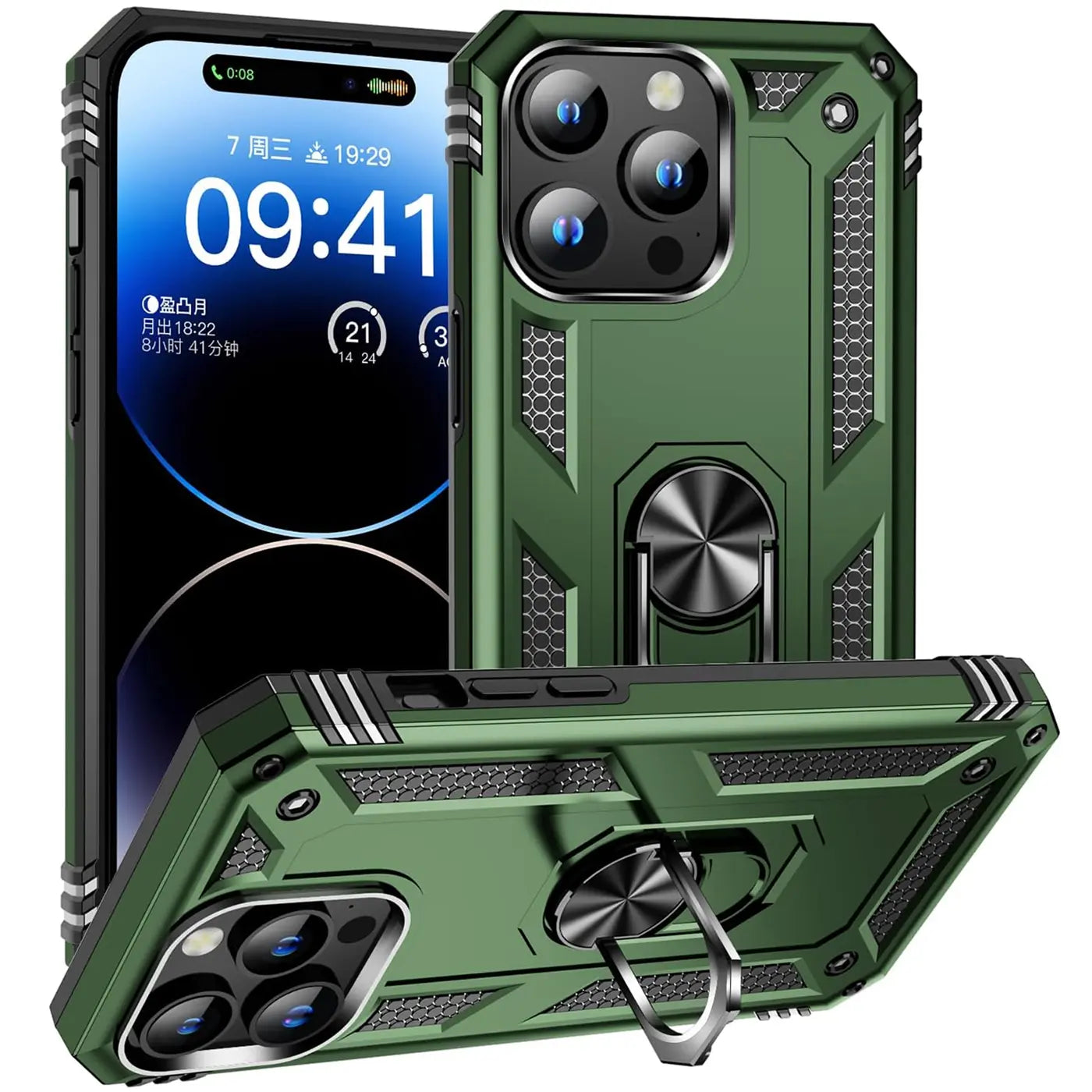 Grüne Hülle mit Ringhalter für iPhone 15 Pro, aus Kunststoff, von vorne/seitlich