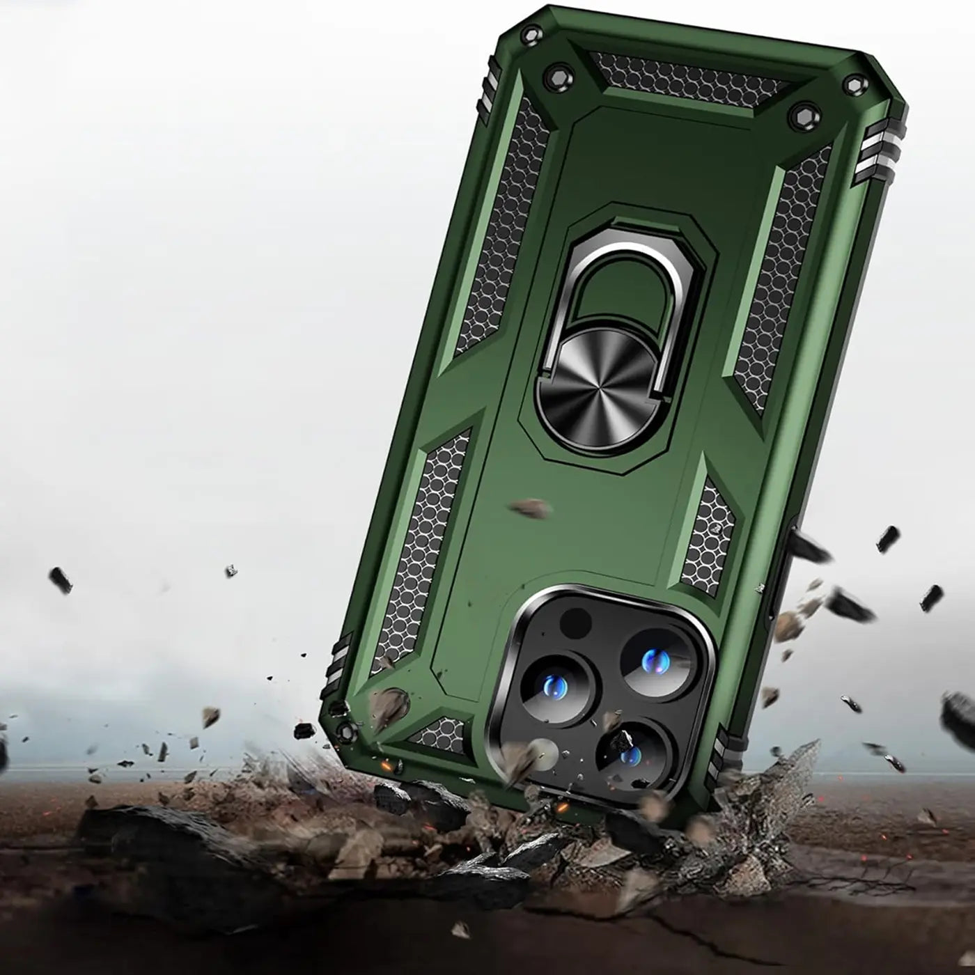 Grüne Hülle mit Ringhalter, Rückseite, iPhone 15 Pro, Metall/Kunststoff