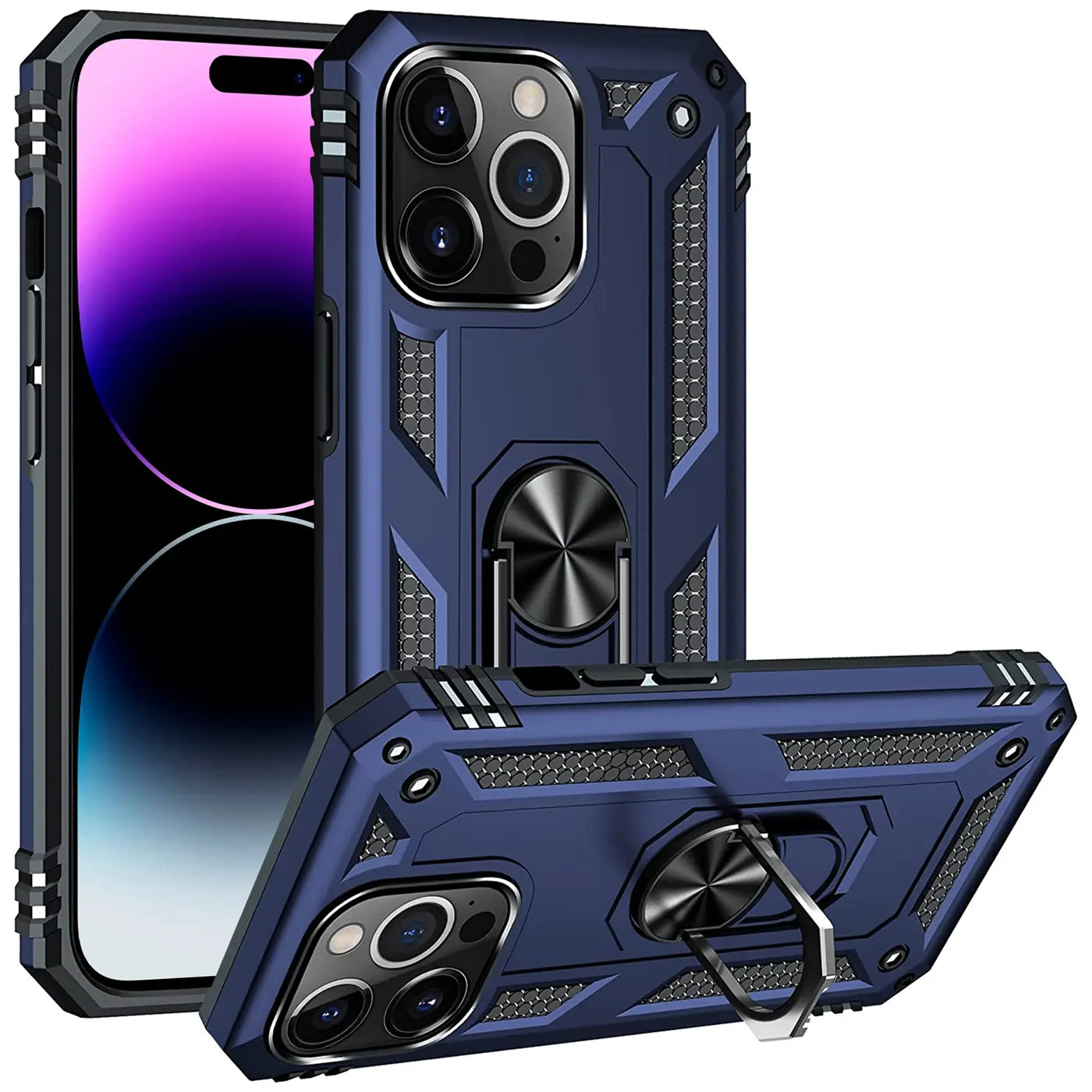 Dunkelblaue Hülle aus Kunststoff mit Ringhalter, Vorderansicht und Seitenansicht, iPhone 15 Pro Max.