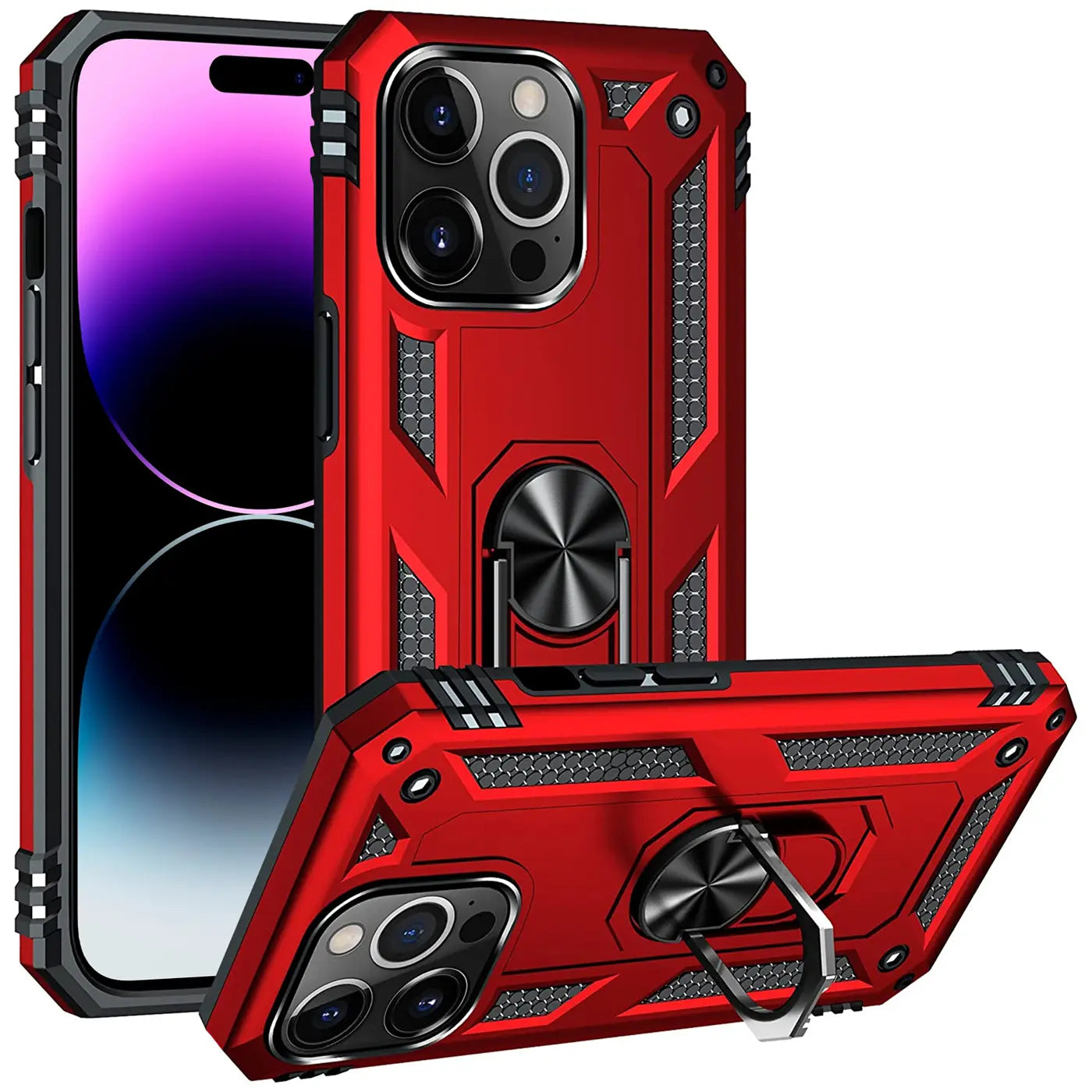 Rote Hülle mit Ringhalter für iPhone 15 Pro Max, aus Kunststoff, von vorne/seitlich.