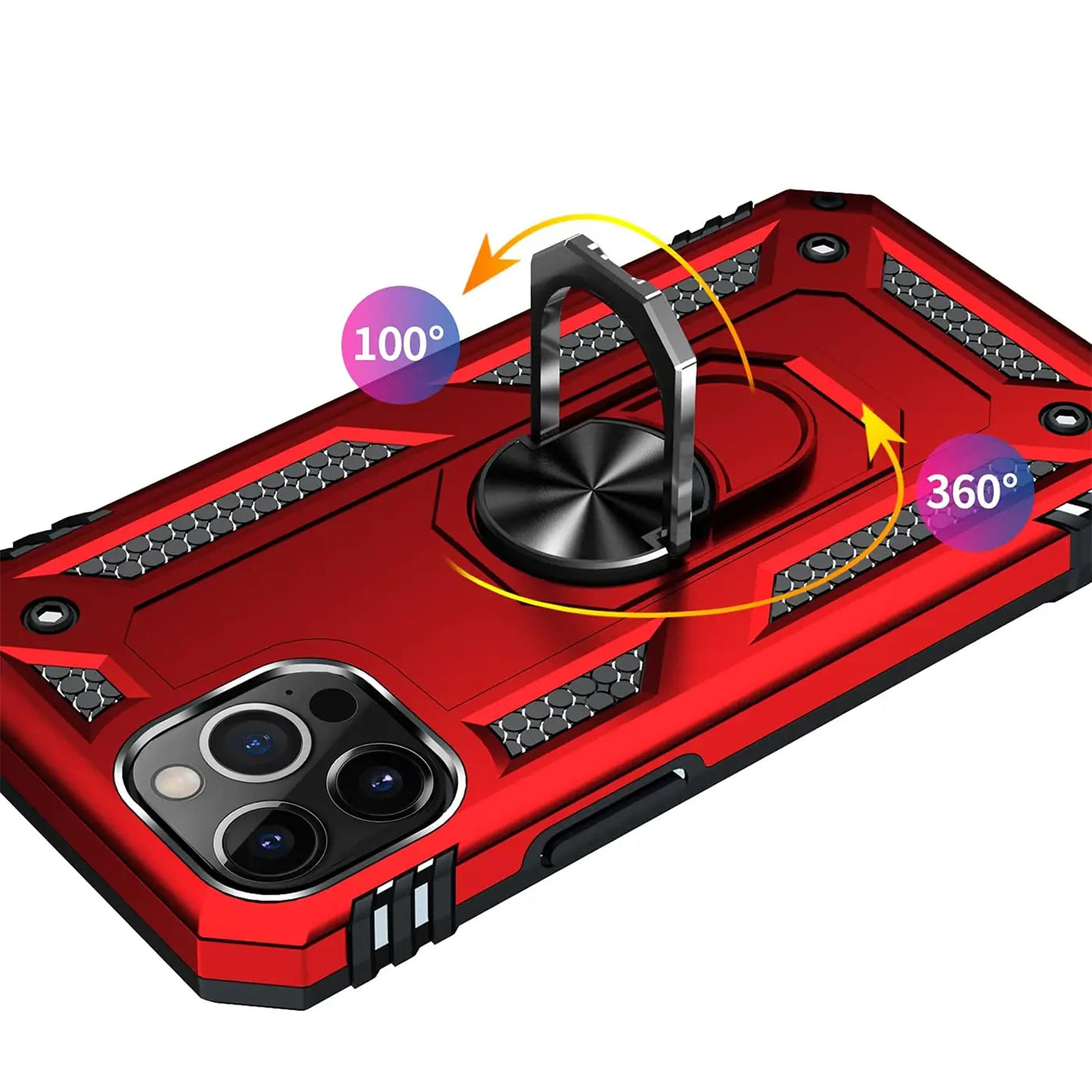 Rote Hülle mit Ringhalter für iPhone 15 Pro, Metall/Kunststoff, Draufsicht.