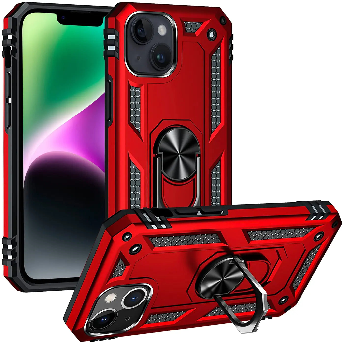 Rote Hülle mit Ringhalter für iPhone 15, Metall/Kunststoff, von vorne/schräg