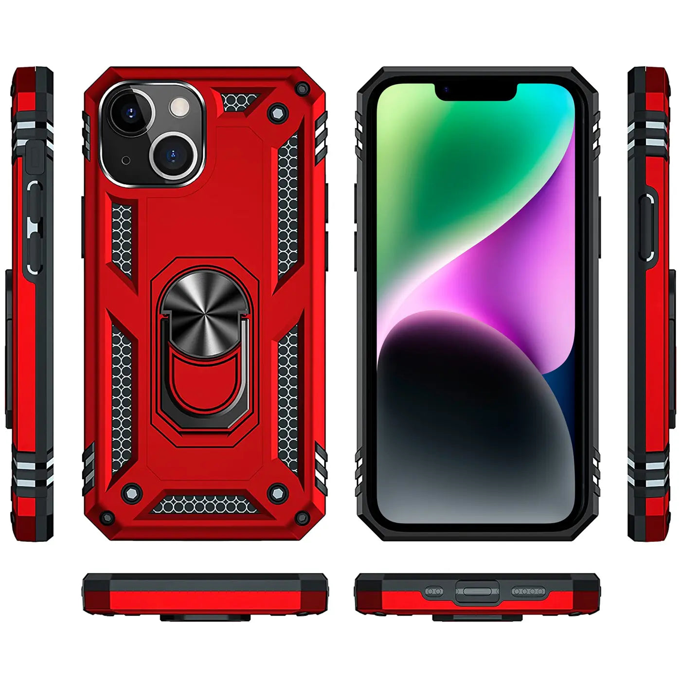 Rote Hülle mit Ringhalter für iPhone 15, verschiedene Ansichten.