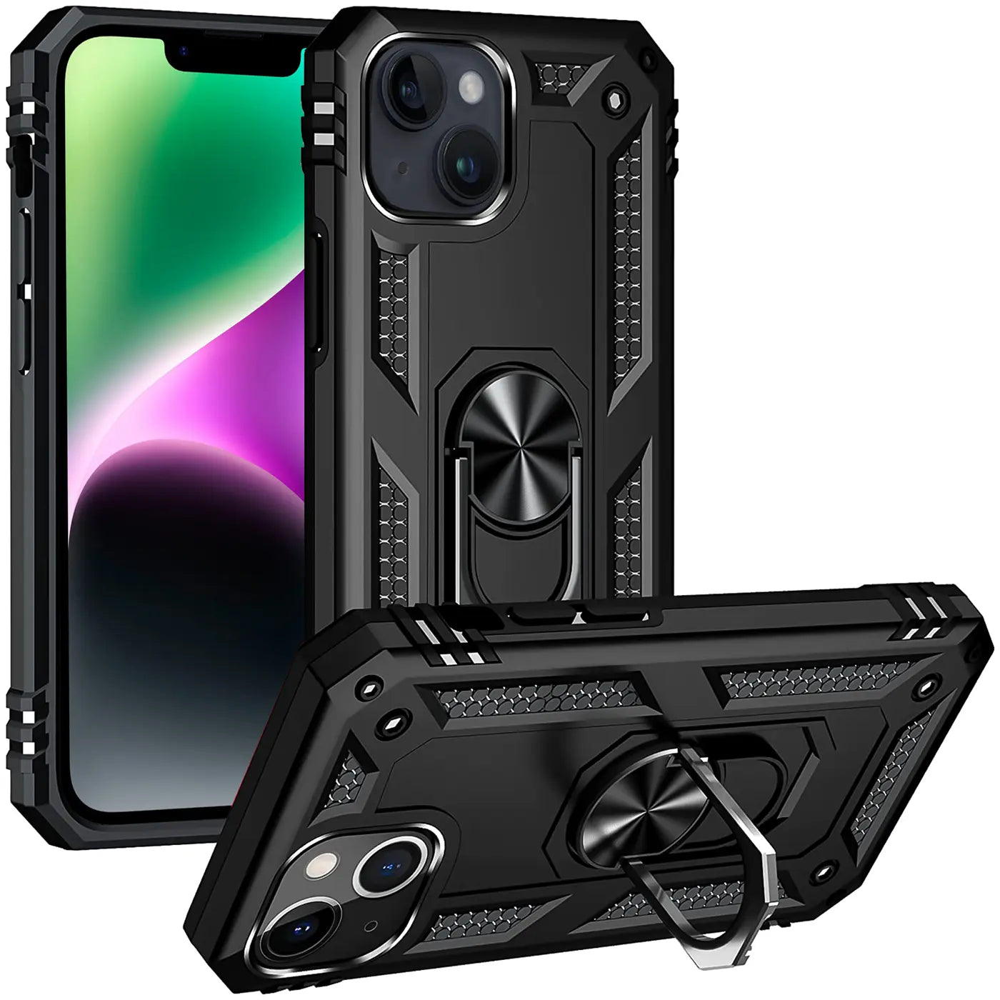 Schwarze Hülle mit Ringhalter für iPhone 15, aus Kunststoff, von vorne und schräg.