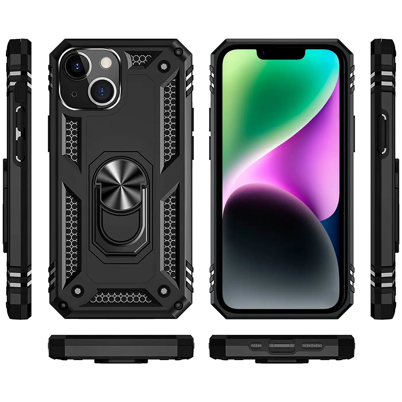 Schwarze Hülle aus Kunststoff mit Ringhalter für iPhone 15, verschiedene Ansichten.