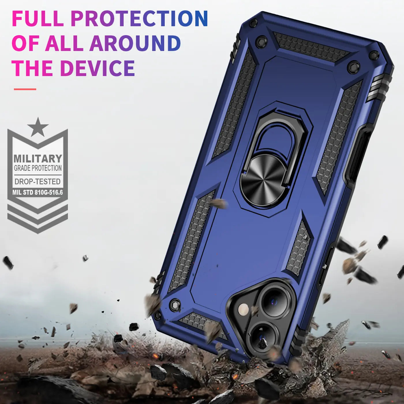 Blaue Hülle mit Ringhalter für iPhone 16, von vorne schräg, mit Kamera.