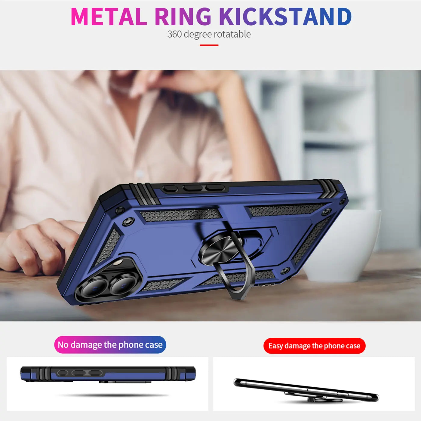 Blaue Hülle aus Kunststoff mit Metallringhalter, seitliche Ansicht, zeigt ein iPhone 16.