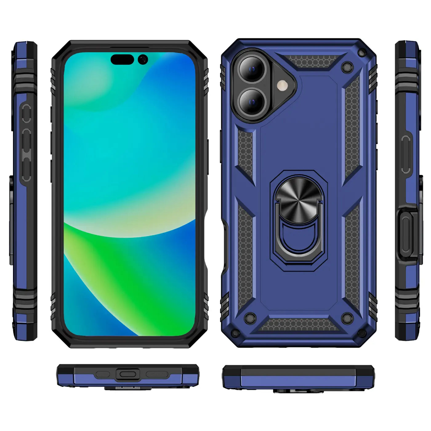 Blaue Hülle mit Ringhalter für iPhone 16, Vorder- und Rückansicht, Seitenansichten.