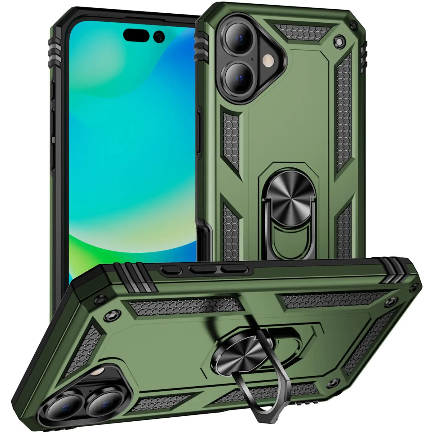 Grüne Militärhülle mit Ringhalter für iPhone 16, von vorne und unten gezeigt.