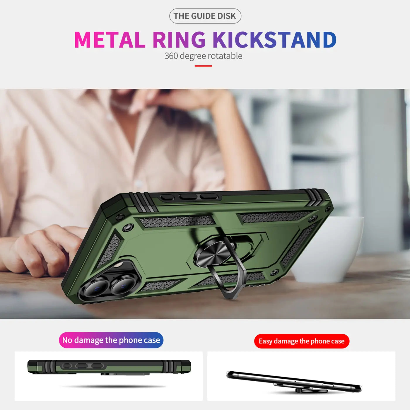 Grüne Militär-Hülle mit Metallring-Ständer für iPhone 16, von schräg unten gezeigt.