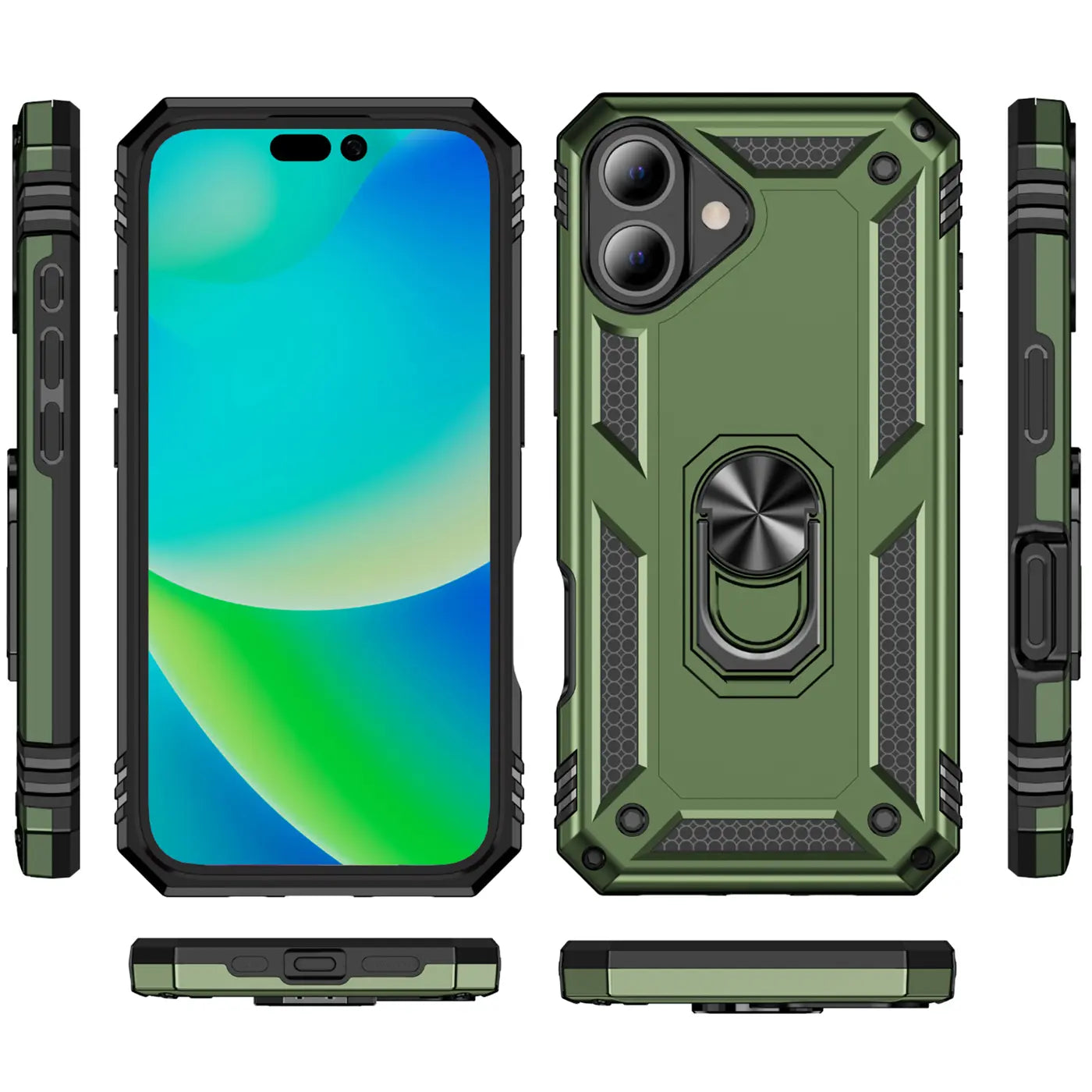 Grüne Hülle mit Ringhalter für iPhone 16, verschiedene Ansichten.