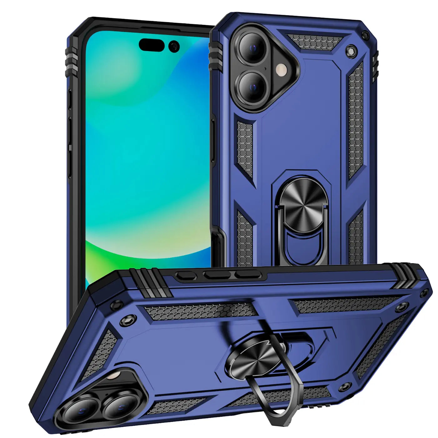 Blaue Hülle mit Ringhalter für iPhone 16 Plus, von vorne und schräg unten.