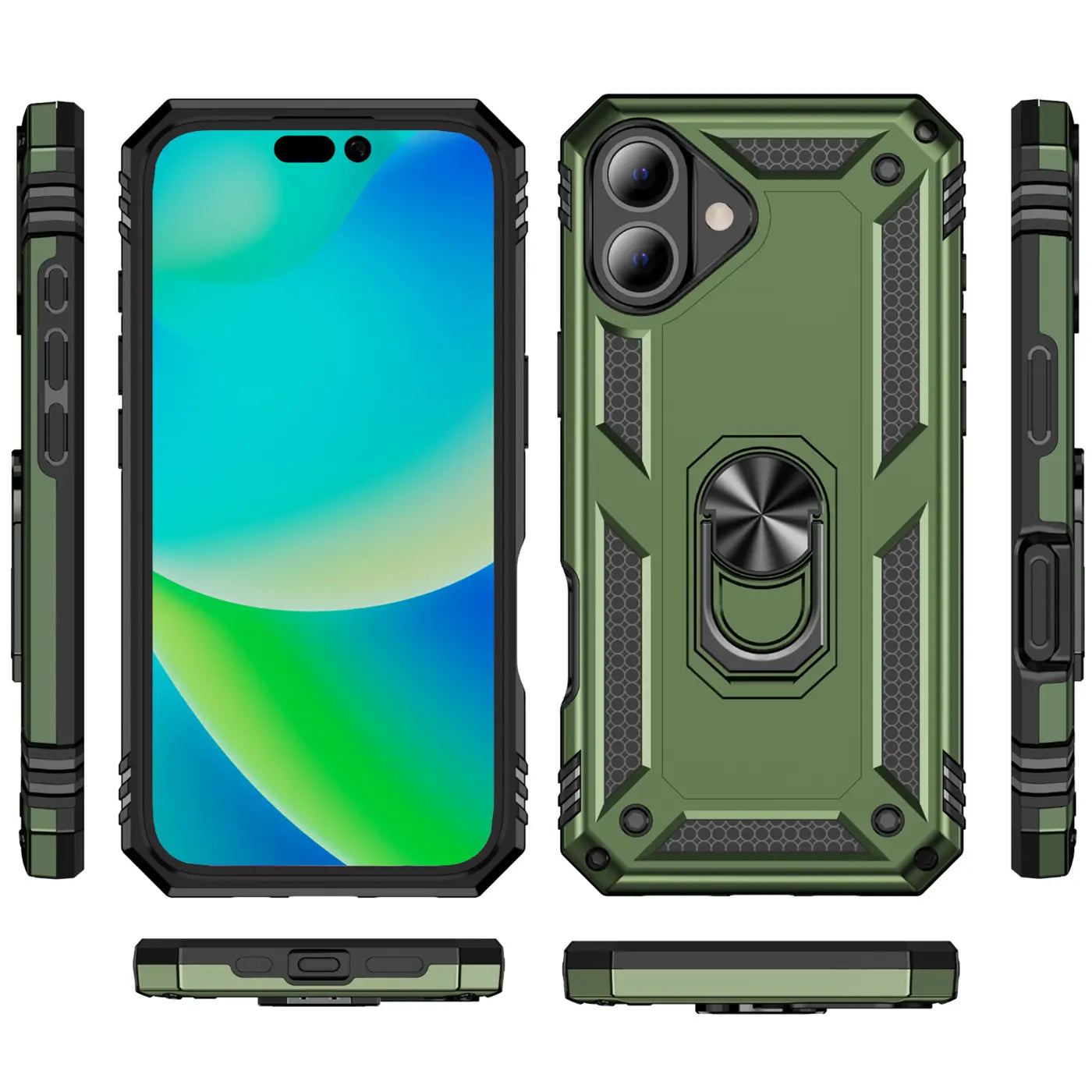 Grüne Militär-Hülle aus Kunststoff mit Ringhalter für iPhone 16 Plus, verschiedene Ansichten.