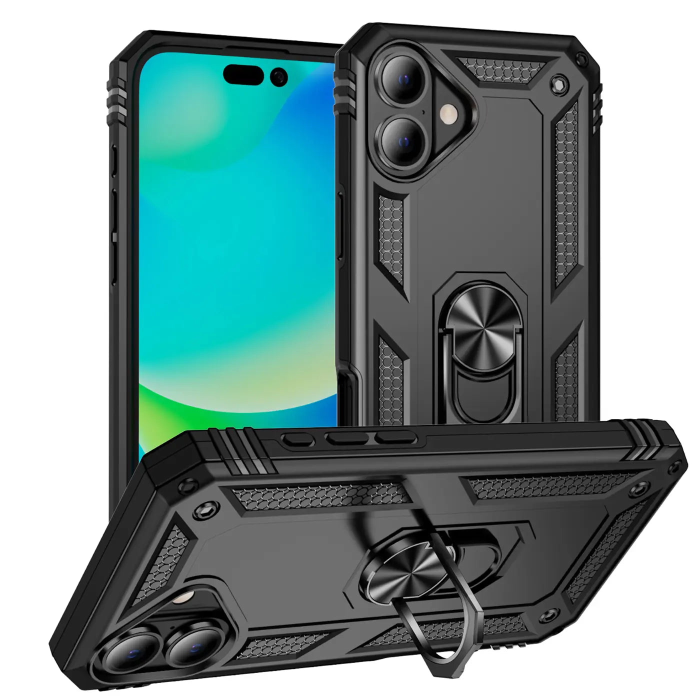 Schwarze Hülle aus Kunststoff mit Ringhalter für iPhone 16 Plus, von vorne und schräg.