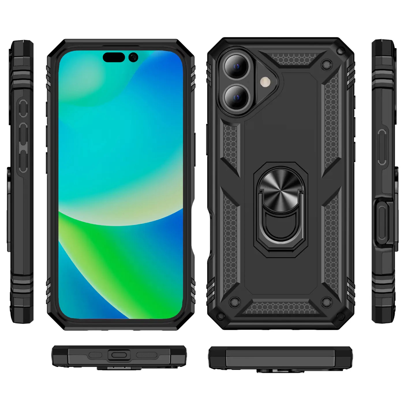 Schwarze Military Hülle mit Ringhalter für iPhone 16 Plus, verschiedene Ansichten