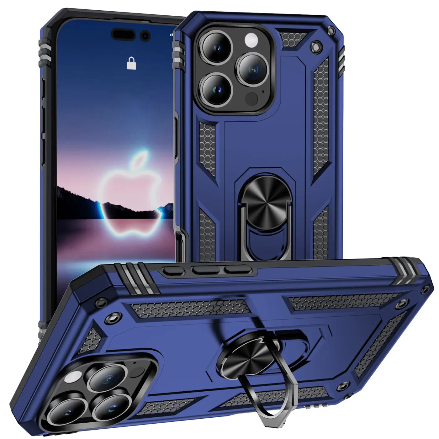 Blaue Hülle aus Kunststoff/Metall mit Ringhalter für iPhone 16 Pro, von vorne/oben.