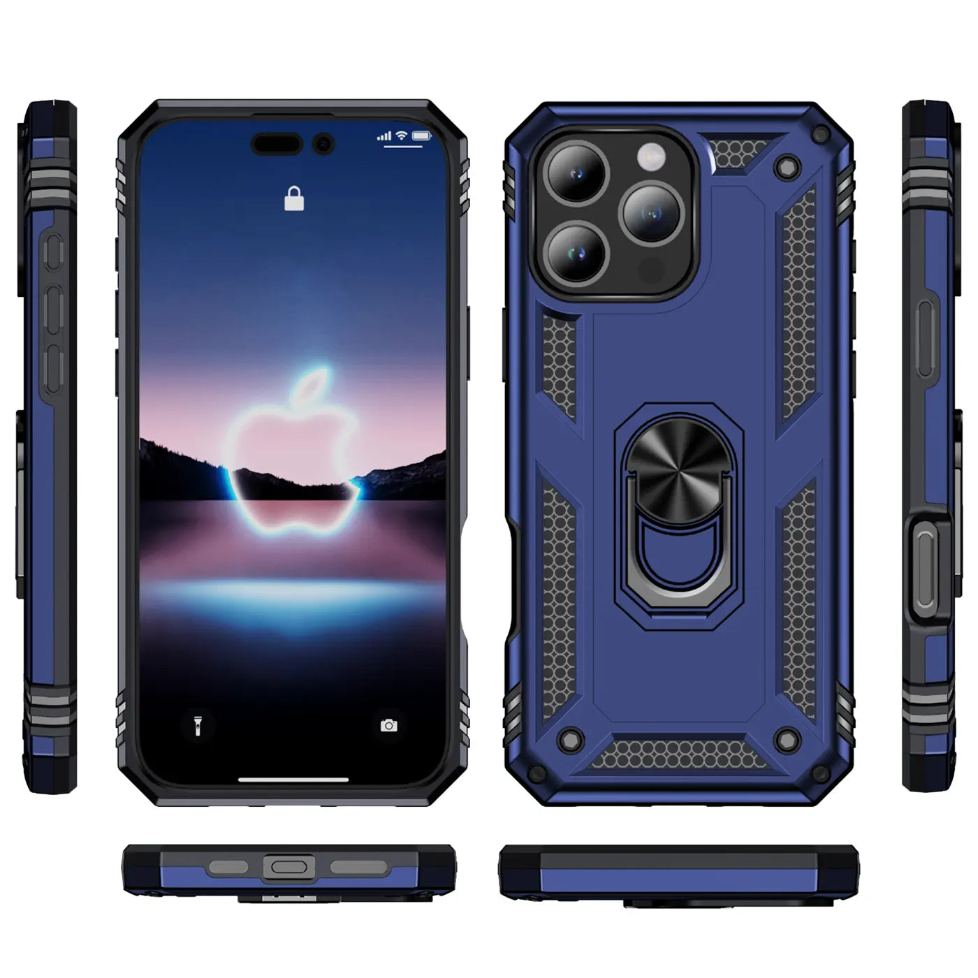 Blaues iPhone 16 Pro mit Militärhülle, Ringhalter, verschiedene Ansichten.