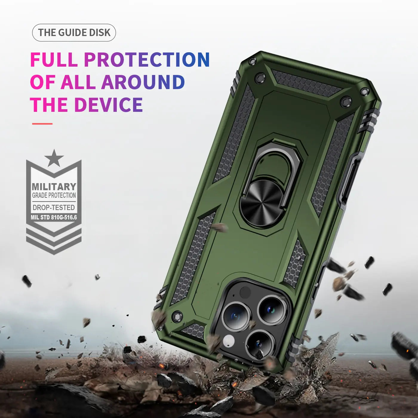 Grüne Militär-Hülle mit Ringhalter für iPhone 16 Pro, von schräg oben gesehen.