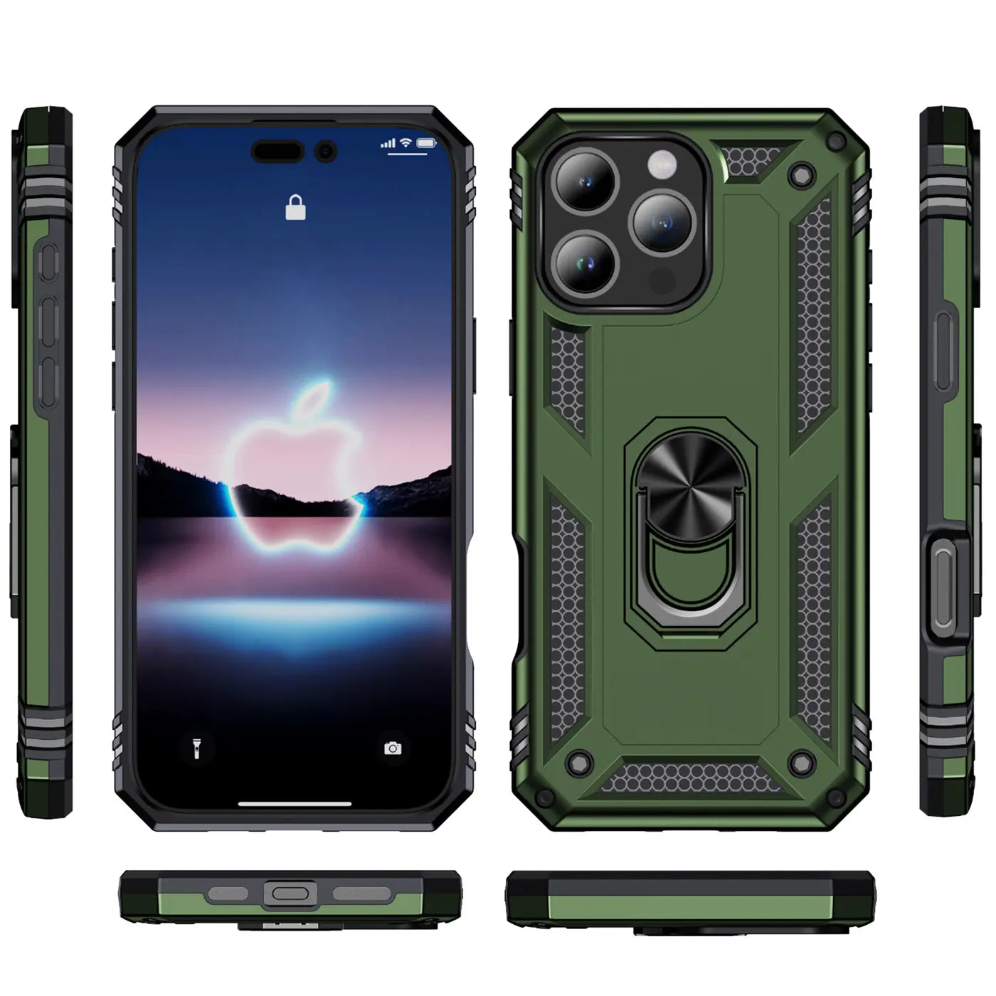 Grüne Hülle mit Ringhalter für iPhone 16 Pro, verschiedene Ansichten.