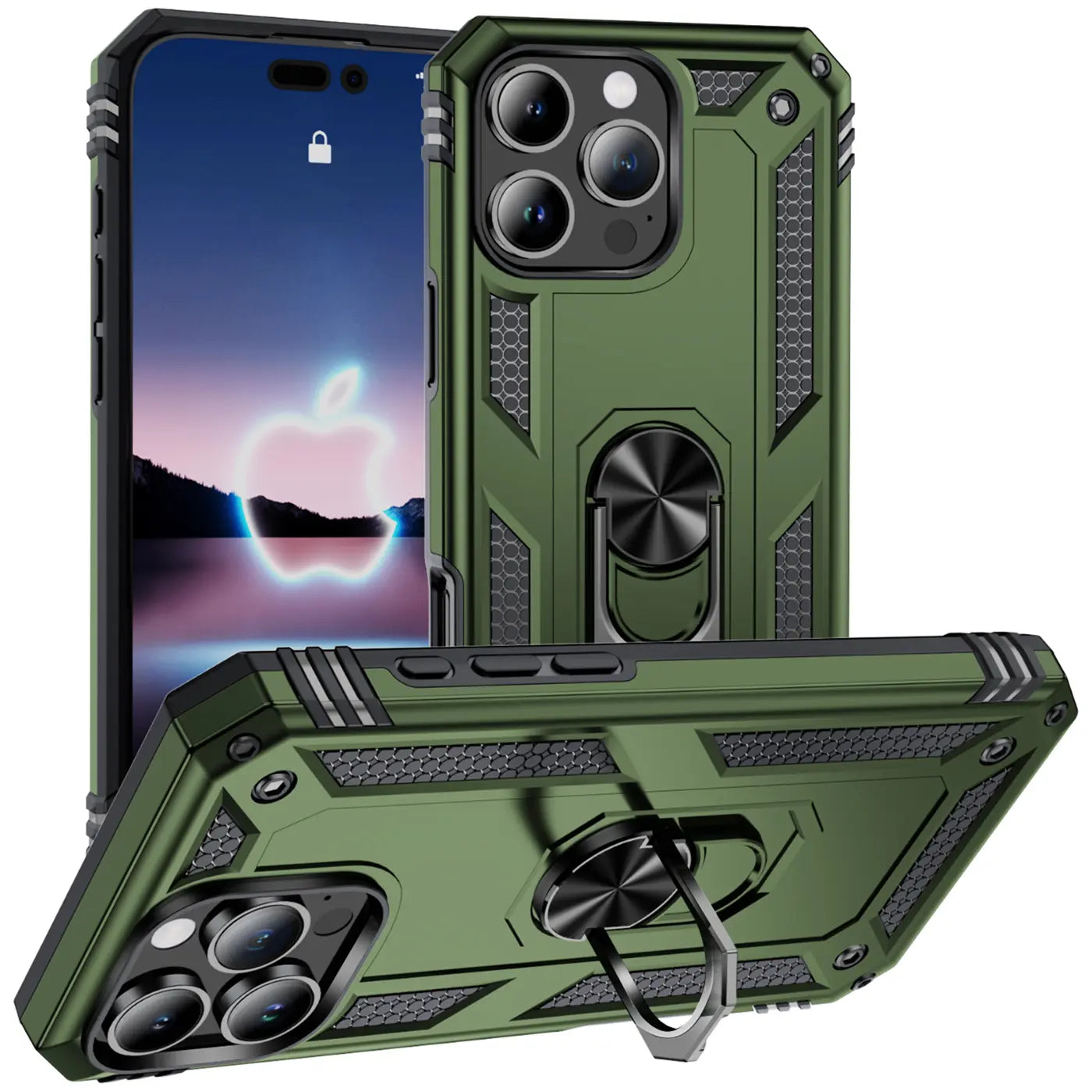 Grüne Hülle mit Ringhalter für iPhone 16 Pro Max, von vorne und unten gezeigt.