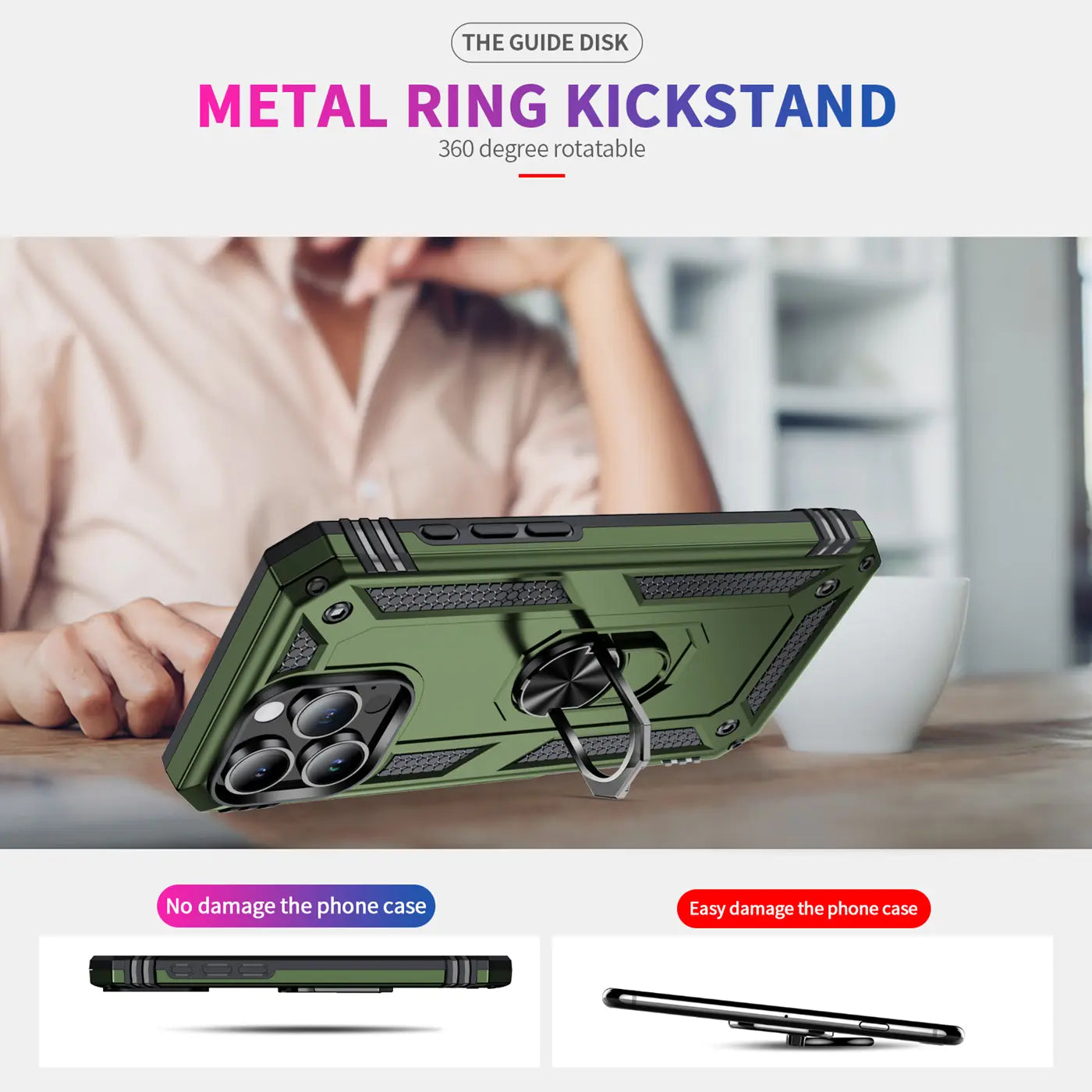Grüne Hülle aus Kunststoff/Metall für iPhone 16 Pro Max mit Ringhalter, Seitenansicht.