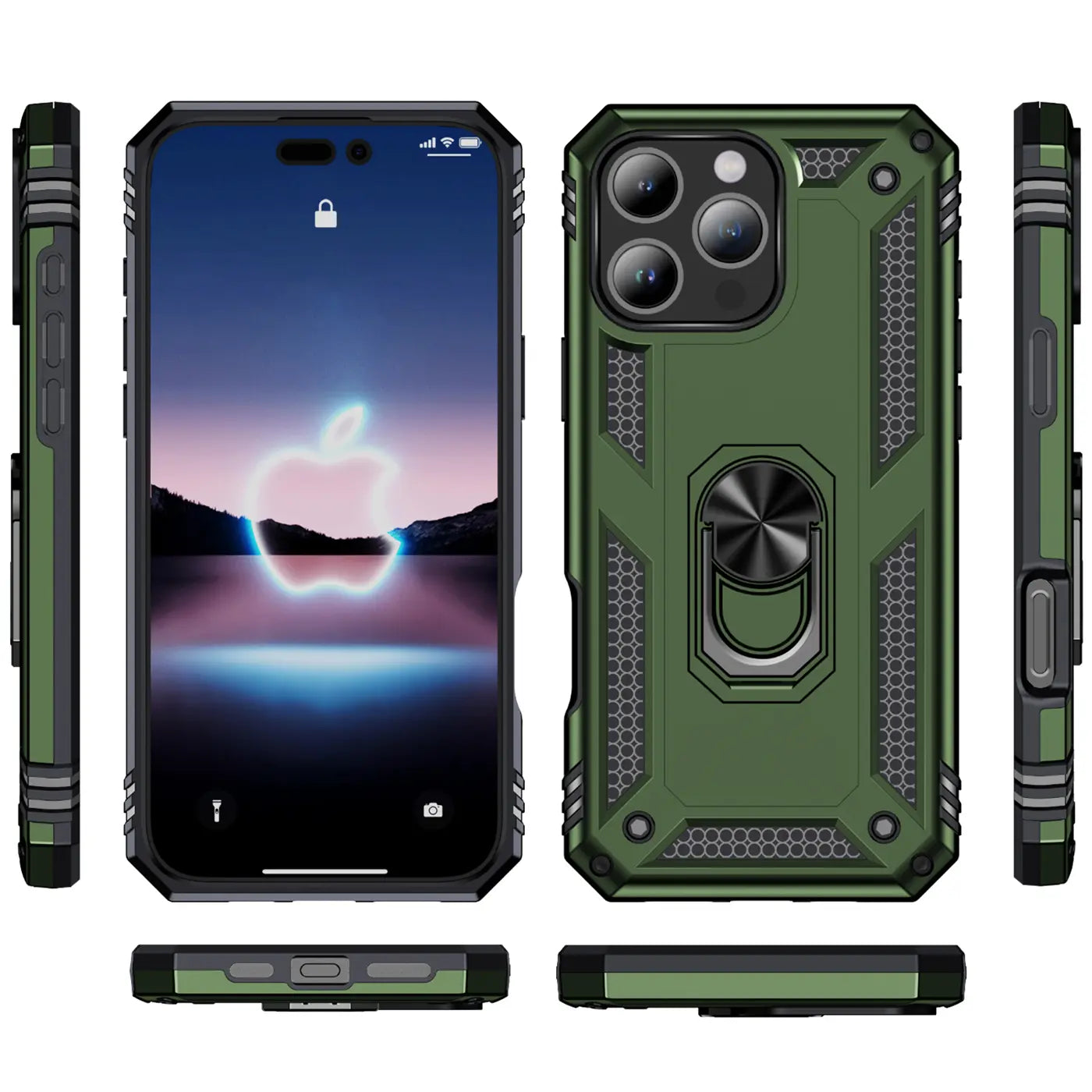Grüne Hülle mit Ringhalter für iPhone 16 Pro Max, von vorne, hinten, Seite, oben/unten