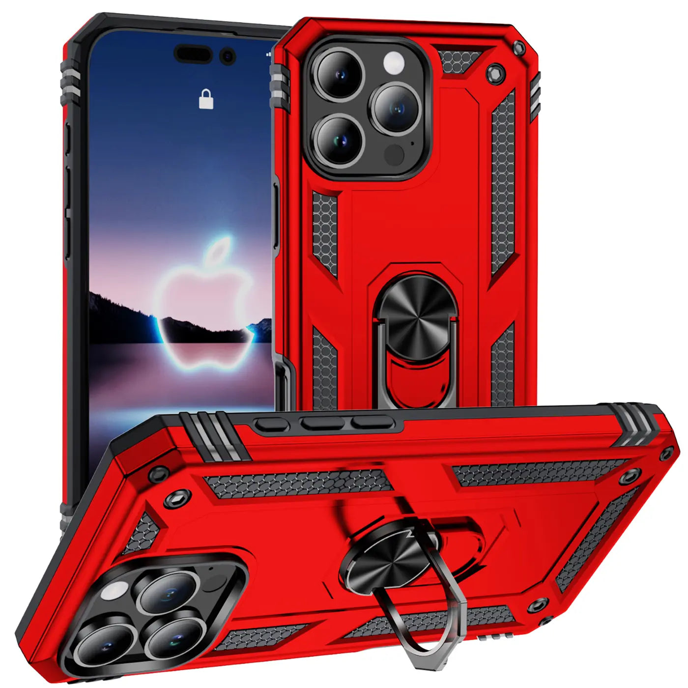 Rote Hülle mit Ringhalter für iPhone 16 Pro Max, aus Kunststoff, von vorne und schräg