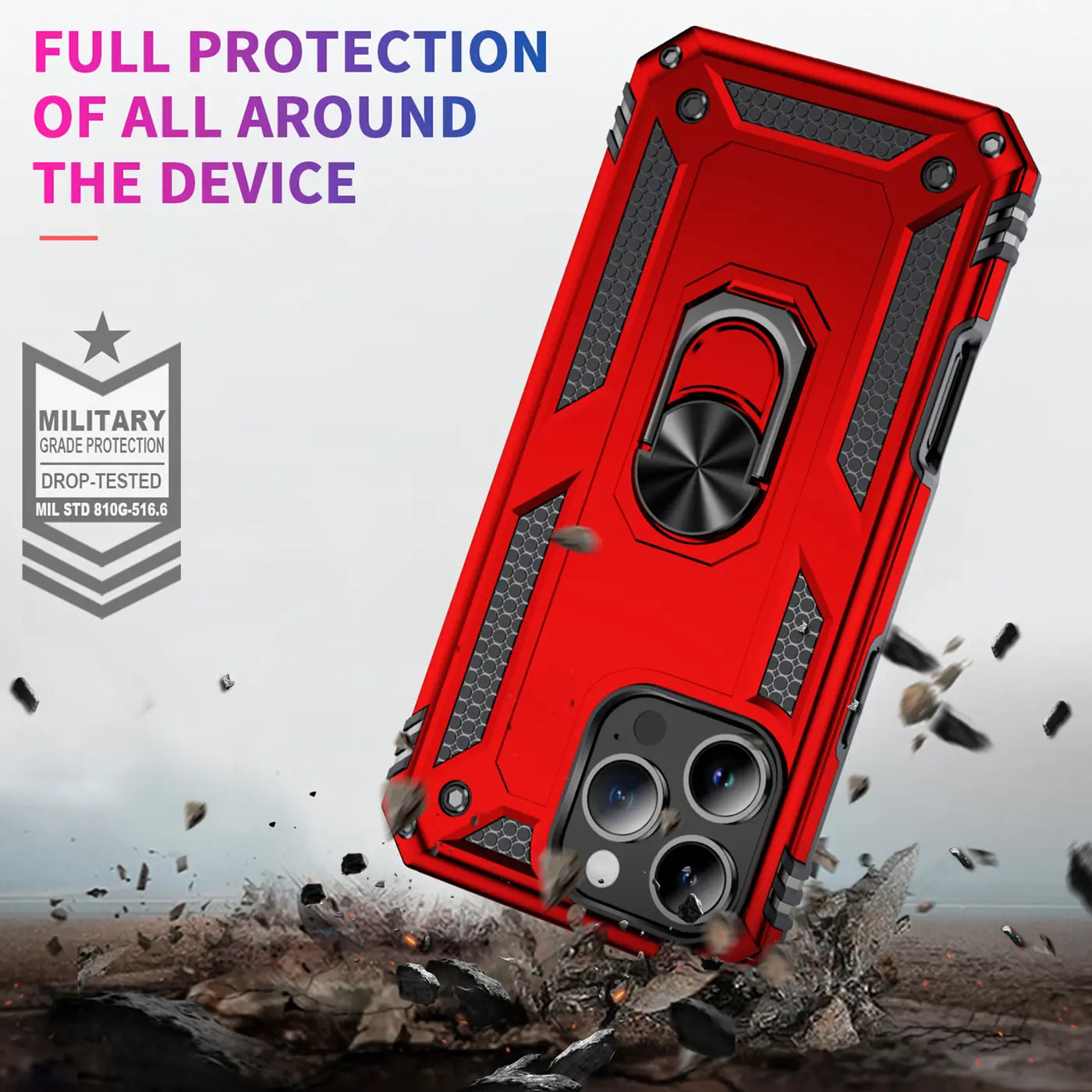 Rote Military Hülle mit Ringhalter für iPhone 16 Pro Max, von oben betrachtet.