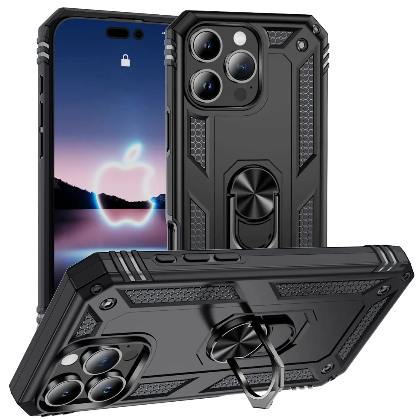 Schwarze Hülle aus Kunststoff mit Ringhalter für iPhone 16 Pro Max, von vorne und von unten gezeigt.