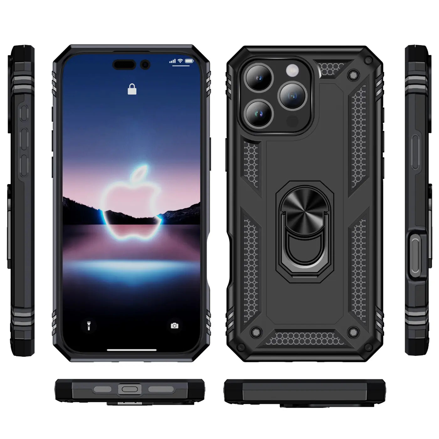 Schwarze Handyhülle aus Kunststoff mit Ringhalter, verschiedene Ansichten, iPhone 16 Pro Max.