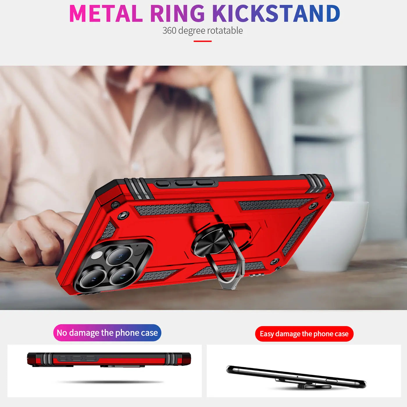 Rote Handyhülle aus Kunststoff mit Metallringhalter, von schräg hinten auf einem Tisch liegend.