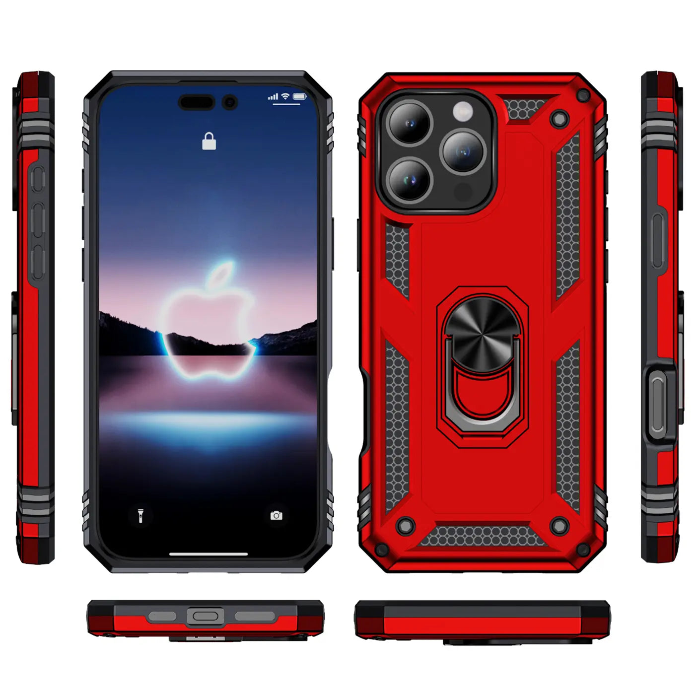 Rote Hülle mit Ringhalter für iPhone 16 Pro, verschiedene Ansichten.