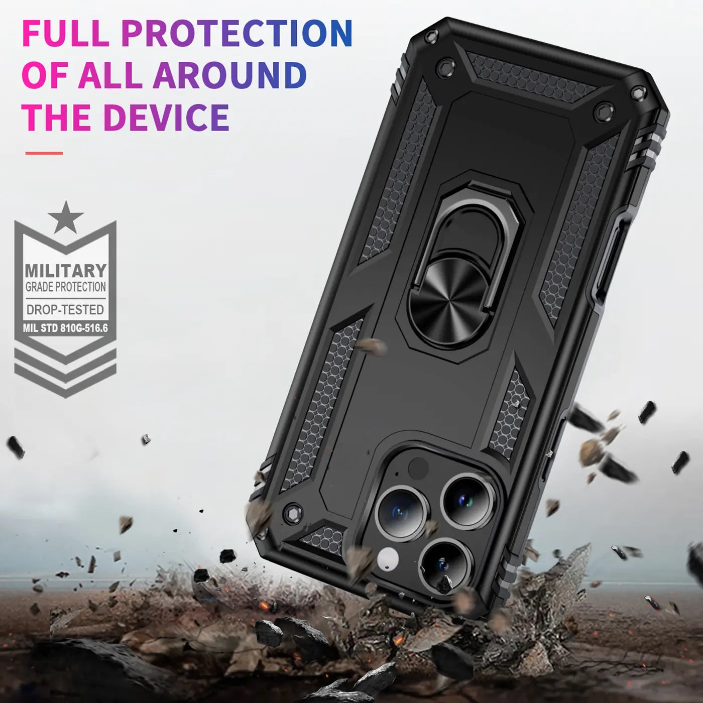 Schwarze Military-Hülle mit Ringhalter für iPhone 16 Pro, von schräg oben