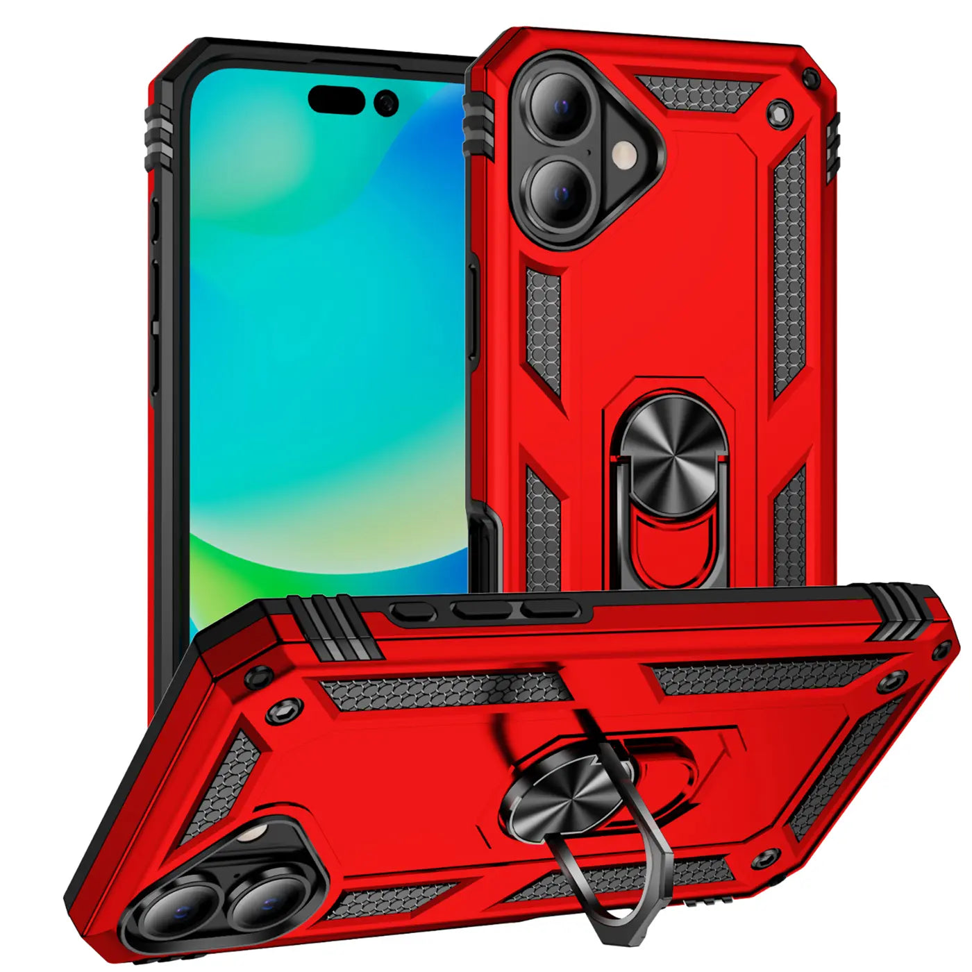 Rote Hülle mit Ringhalter für iPhone 16, aus Kunststoff, von vorne und schräg