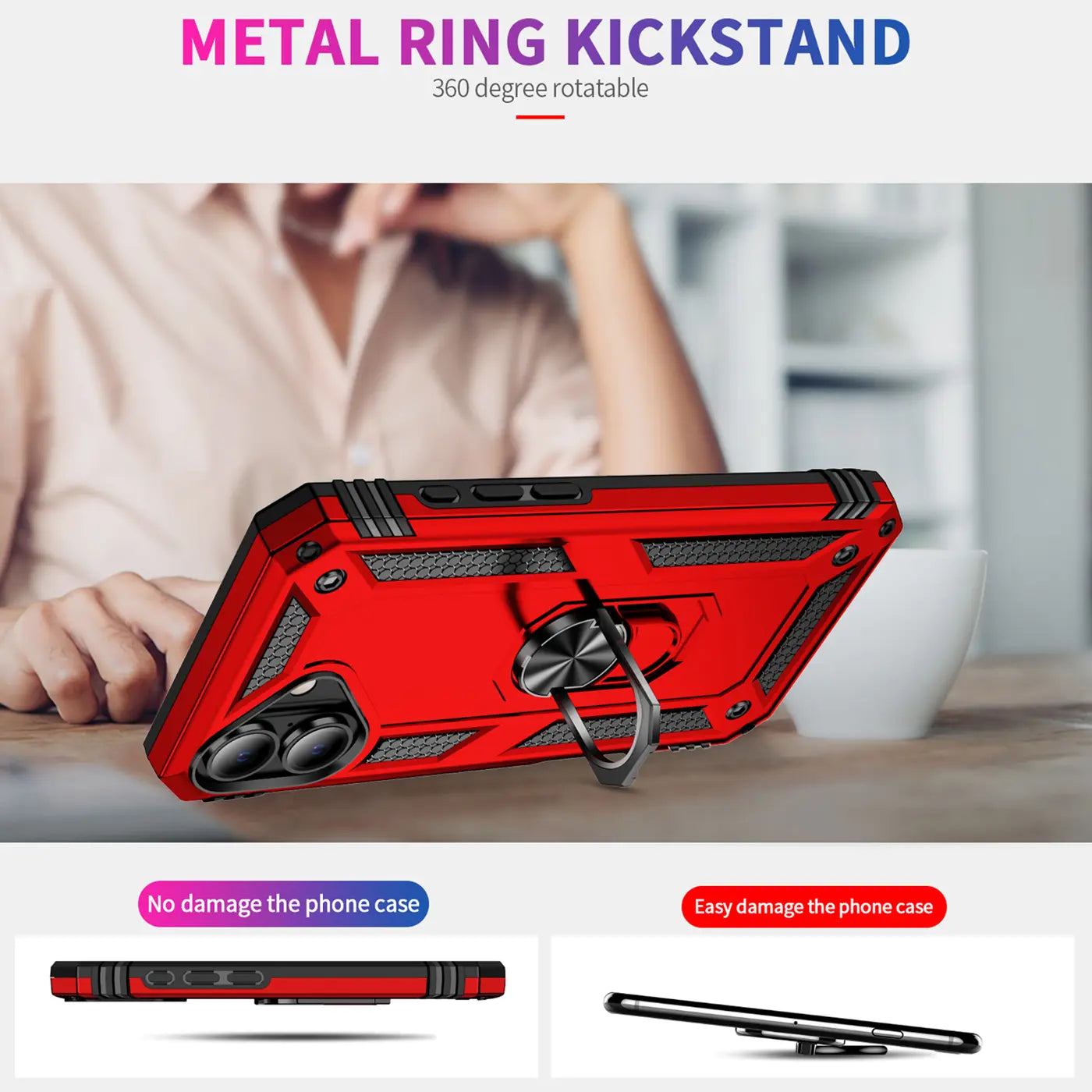 Rote Hülle mit Metallring-Kickstand, aus Kunststoff, Seitenansicht, zeigt iPhone 16.