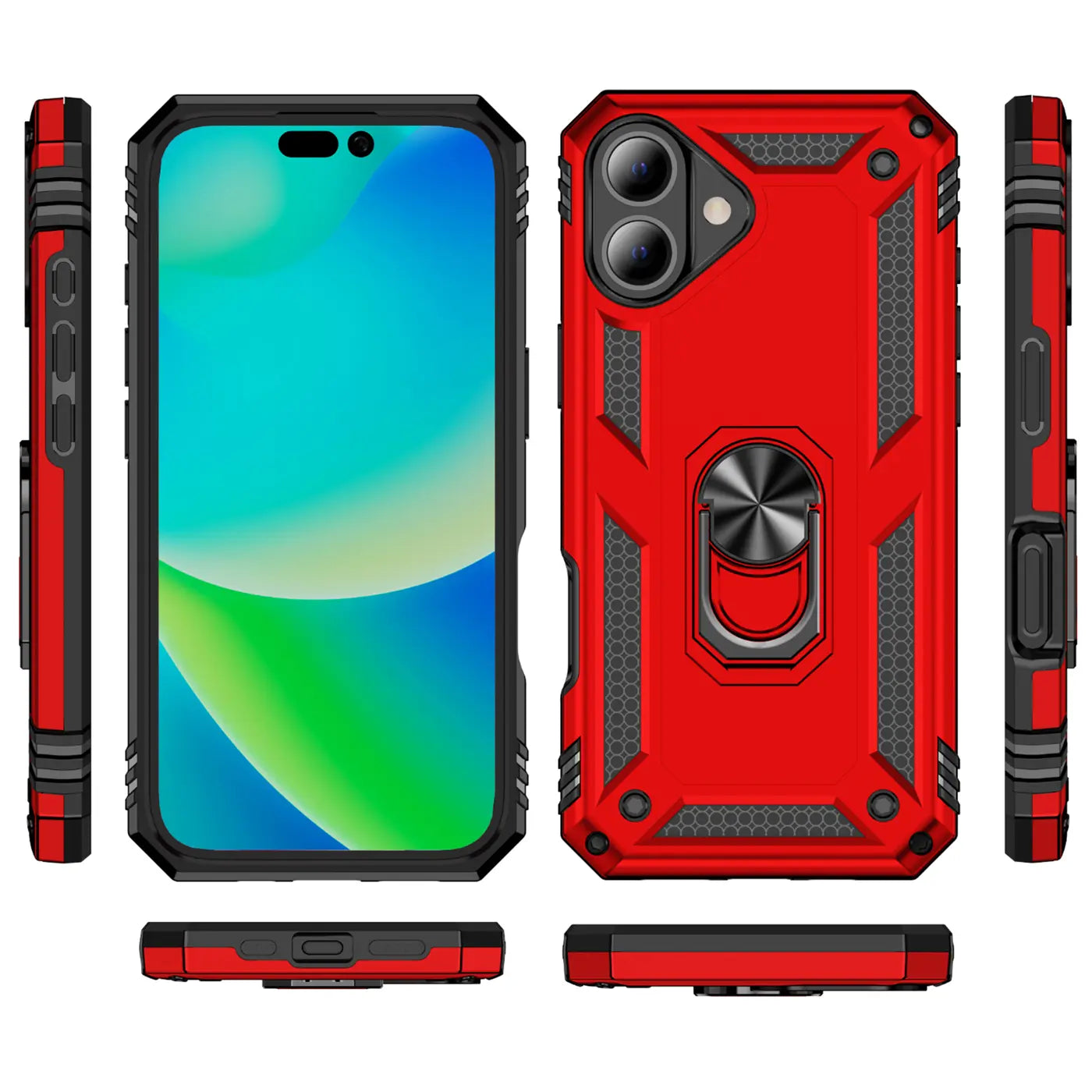 Rote Hülle mit Ringhalter für iPhone 16, verschiedene Ansichten.
