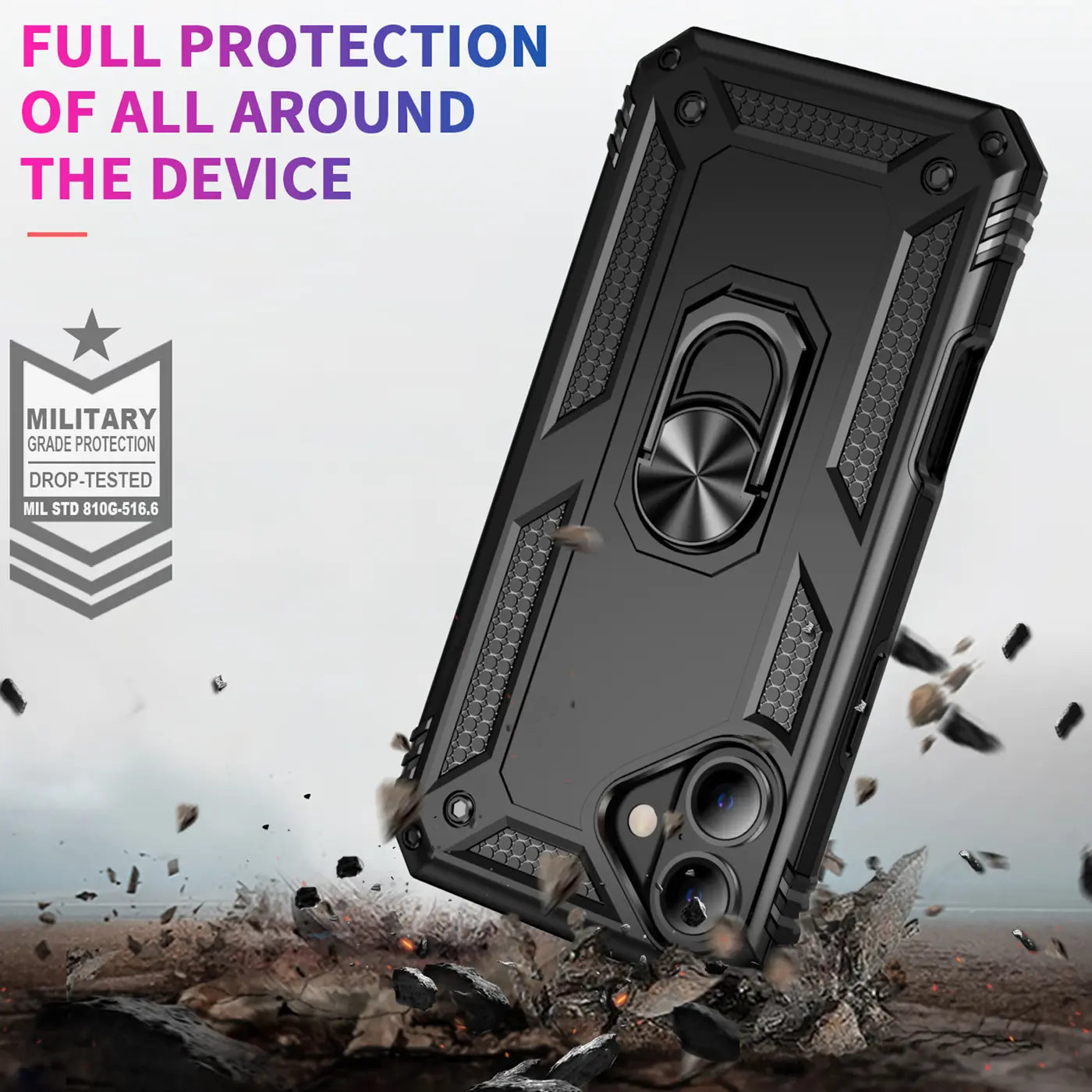 Schwarze Militär-Hülle mit Ringhalter für iPhone 16, aus Kunststoff, von unten schräg fotografiert.