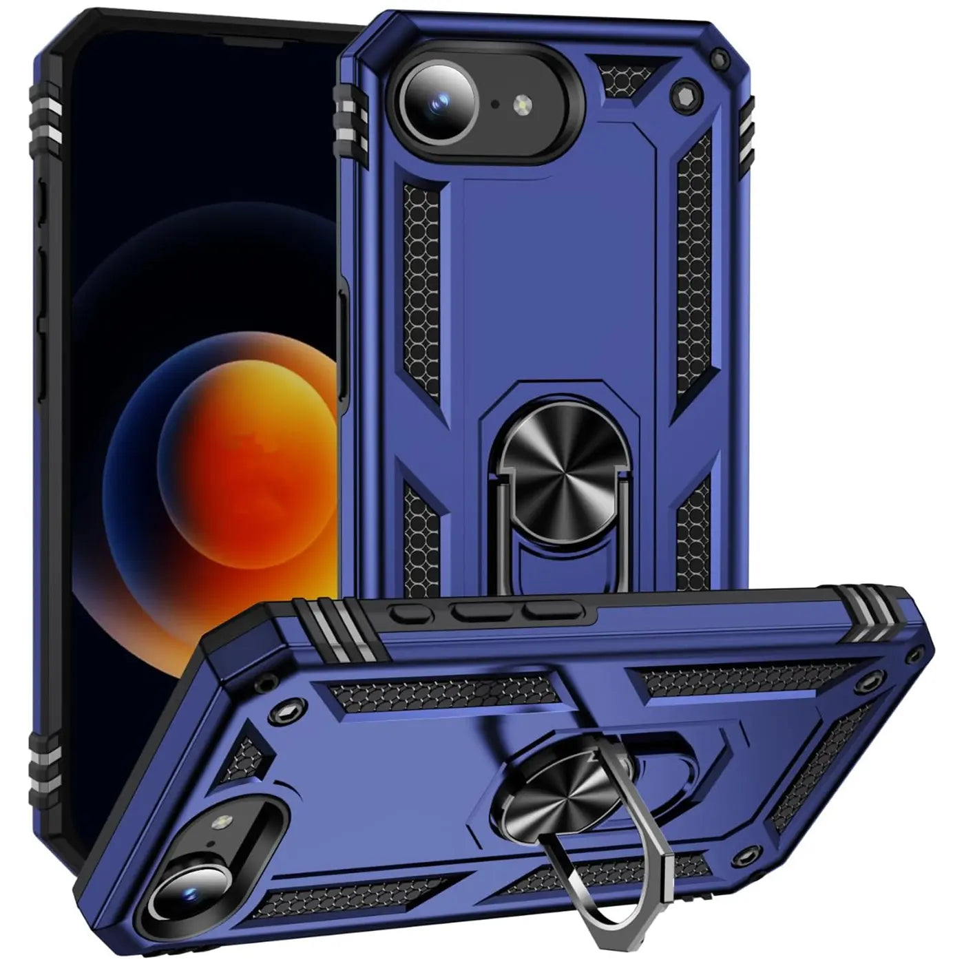 Blaue Hülle mit Ringhalter für iPhone, aus Kunststoff, von vorne/oben.
