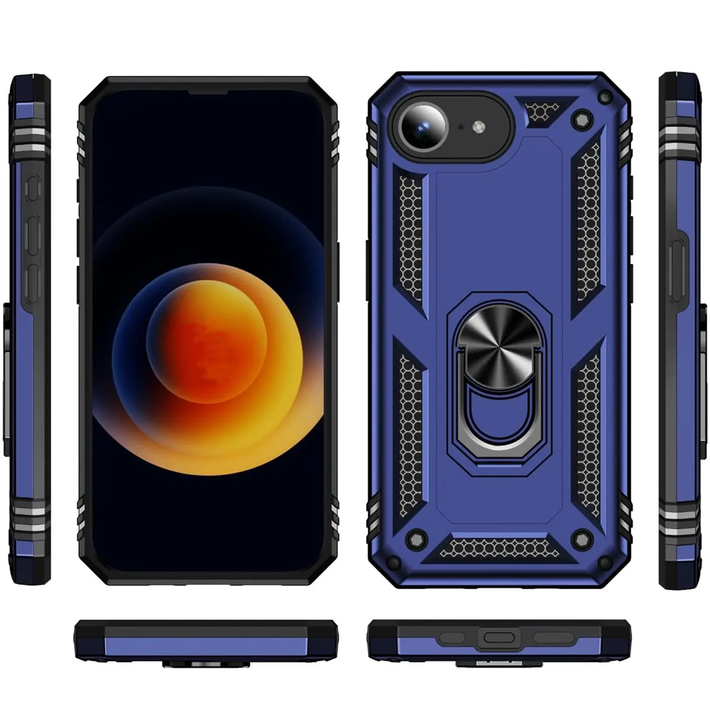 Blaues iPhone 16e Hülle, Rückseite mit Ringhalter, verschiedene Ansichten