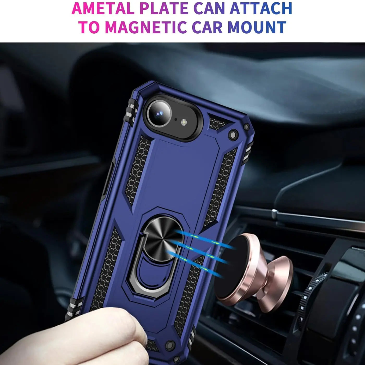Blaue Hülle mit Ringhalter für iPhone, von vorne, aus Kunststoff.