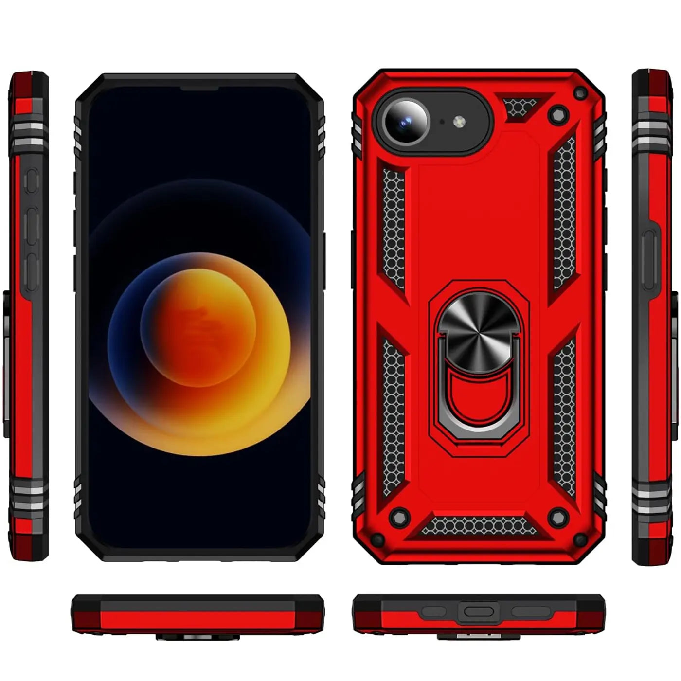 Rote Hülle mit Ringhalter, von vorne und Seite, für iPhone 16e