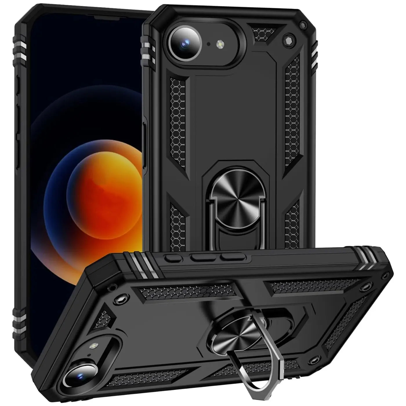Schwarzes iPhone 16e mit Ringhalter-Hülle aus Kunststoff, von vorne/schräg.