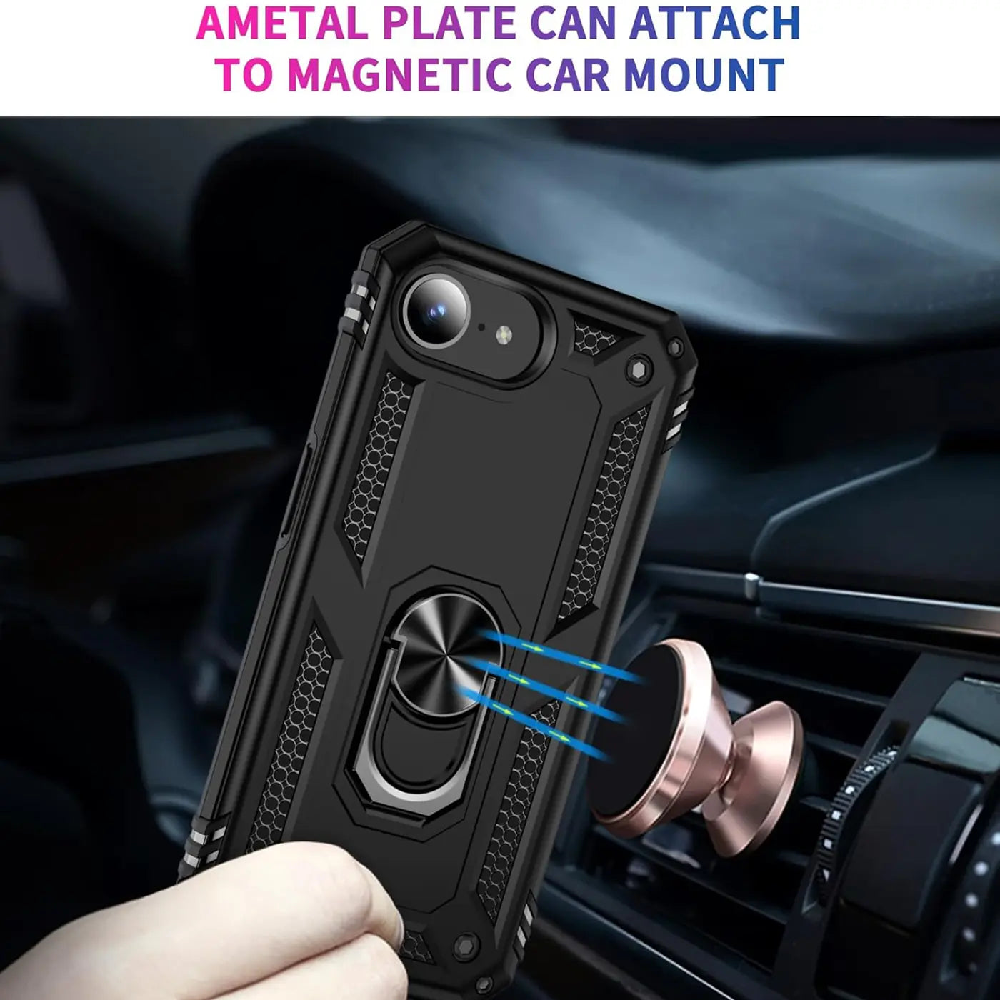 Schwarze Hülle mit Ringhalter, iPhone 16e, Nahaufnahme, Auto-Lüftungsschlitz